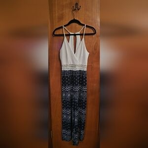 Papaya Sleeveless Boho Wide-Leg Jumpsuit | Navy & White Tribal Print | Size M